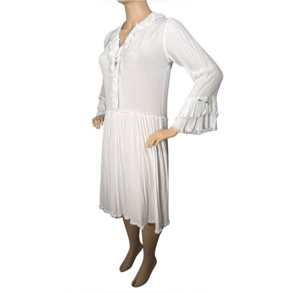 Free People Gauze Ruffle V-Neck Bell Sleeve Boho Mini Dress with Fringe Detail